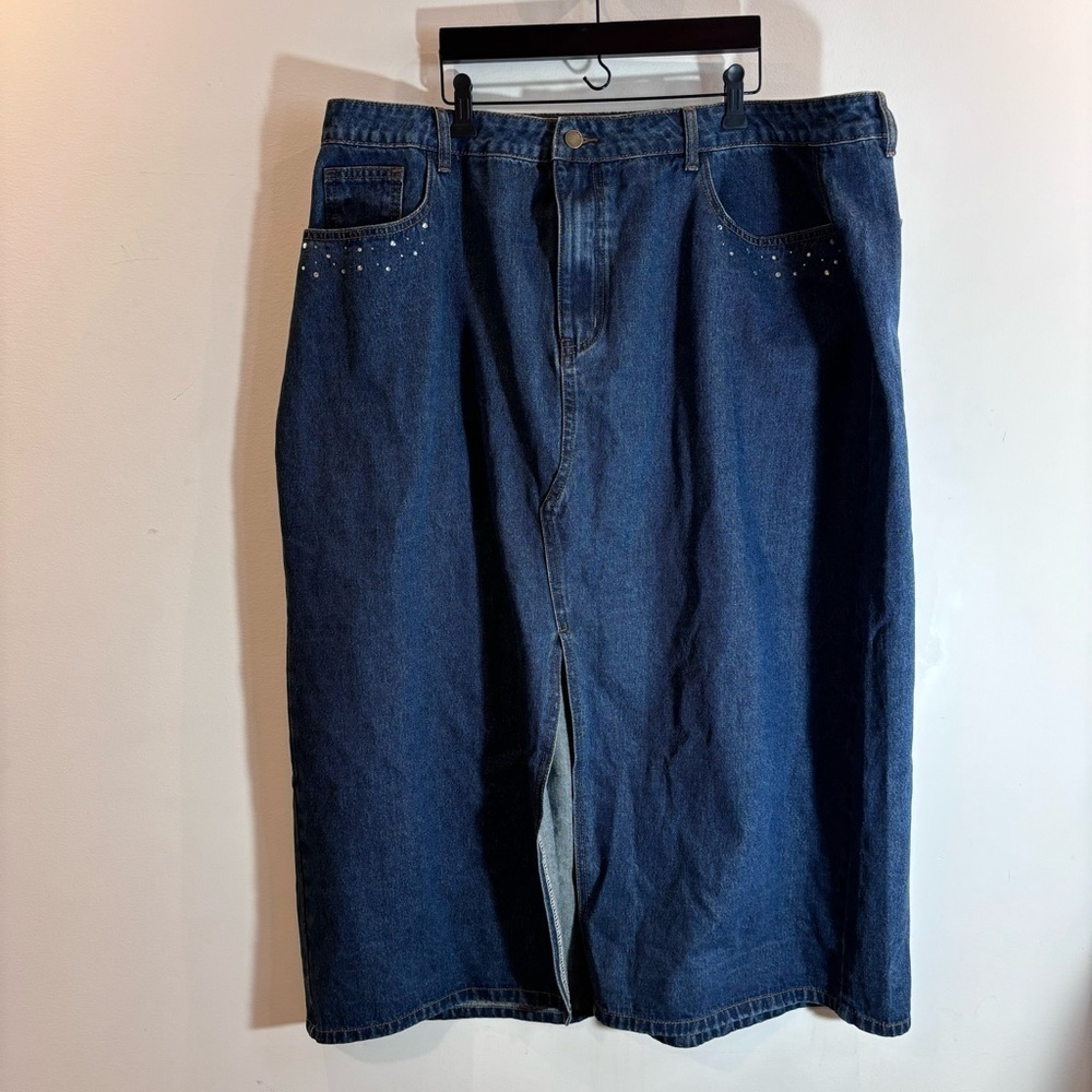 CIDER Sz 3X Denim Skirt Rhinestone At Pockets Zipper Closure Front Slit Maxi